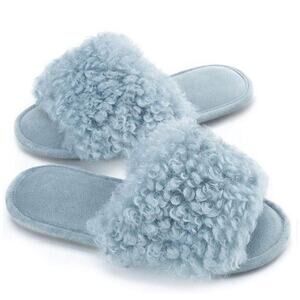 NWT Memory Foam Open Toe Slippers Fur Cozy Non-Slip 7.5 7-8 Blue Gray
